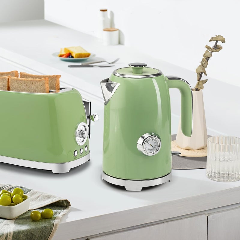 susteas Electric Kettle - 57oz Hot Tea Water Boiler with Thermometer, 1500W Fast Heating Stainless Steel Pot, Cordless LED Indicator, Auto Shut-Off & Boil Dry Protection, Retro Green - Image 2